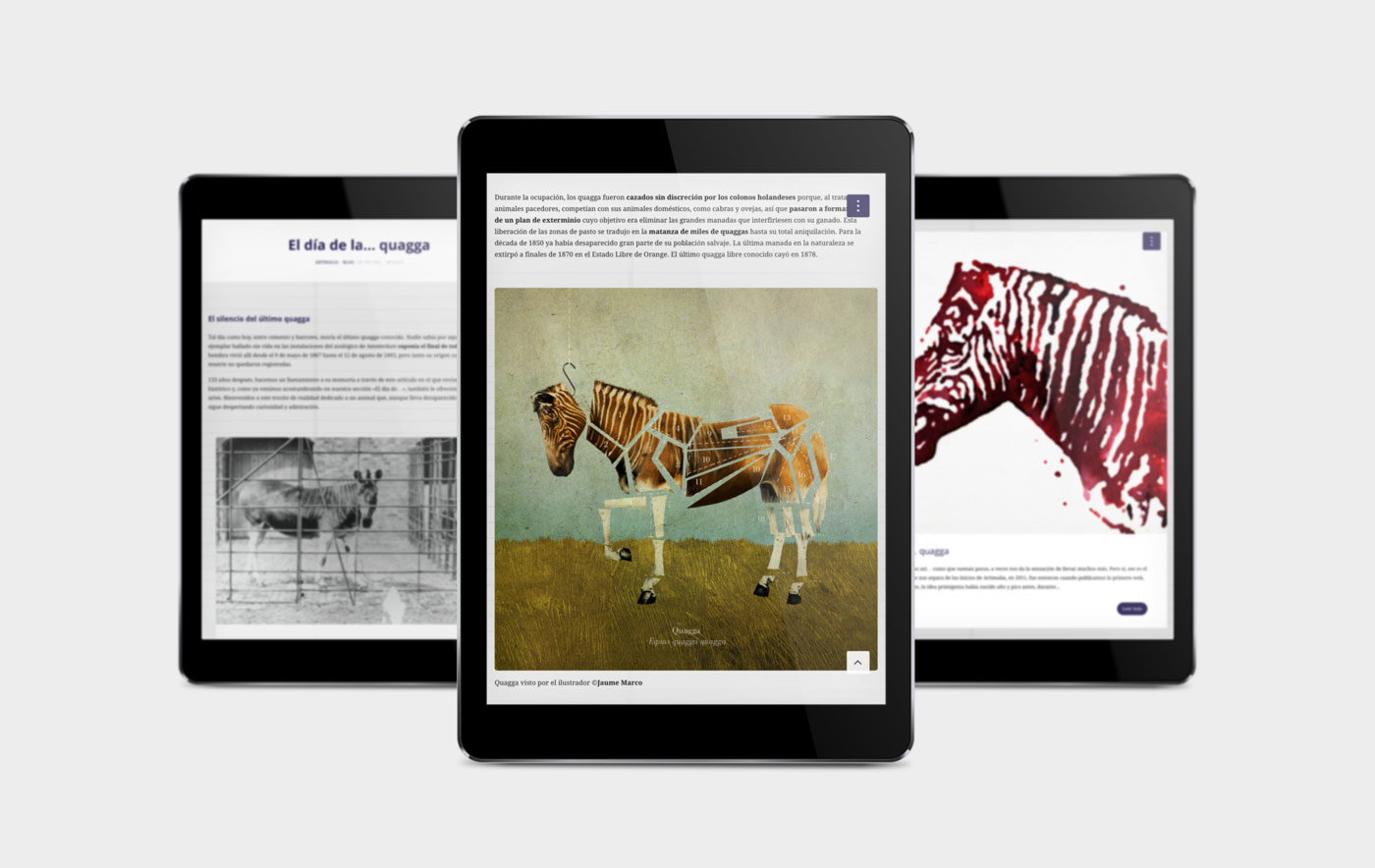 Pagina web para proyecto de sensibilizacion sobre fauna salvaje extinta presentación responsiva en ipad de diseño de artimalia.org