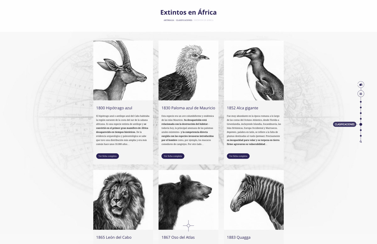 Pagina web para proyecto de sensibilizacion sobre fauna salvaje extinta detalle de diseño de catálogo online para Artimalia