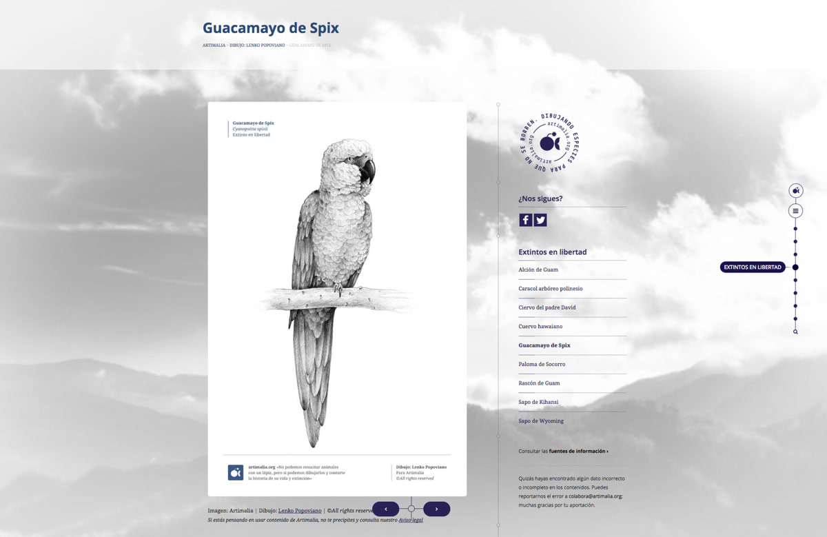 Pagina web para proyecto de sensibilizacion sobre fauna salvaje extinta diseño de pantalla de página web para Artimalia