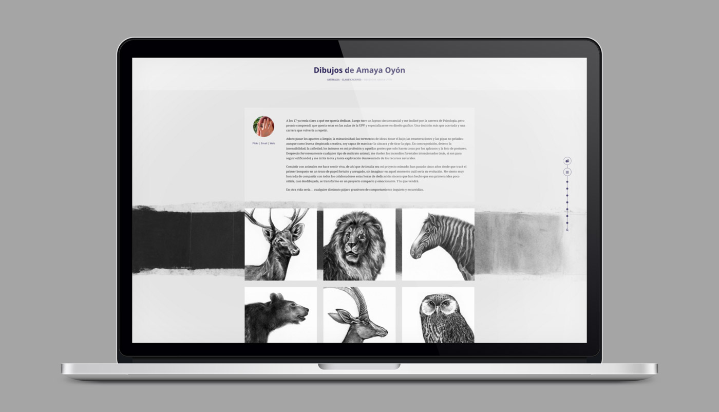 Pagina web para proyecto de sensibilizacion sobre fauna salvaje extinta presentación en laptop de diseño de página de autor para blog artimalia.org