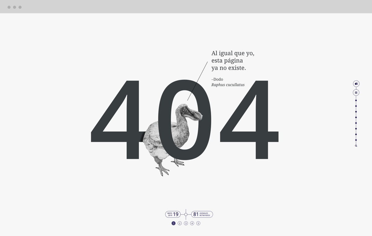 Pagina web para proyecto de sensibilizacion sobre fauna salvaje extinta diseño web de página 404 para Artimalia