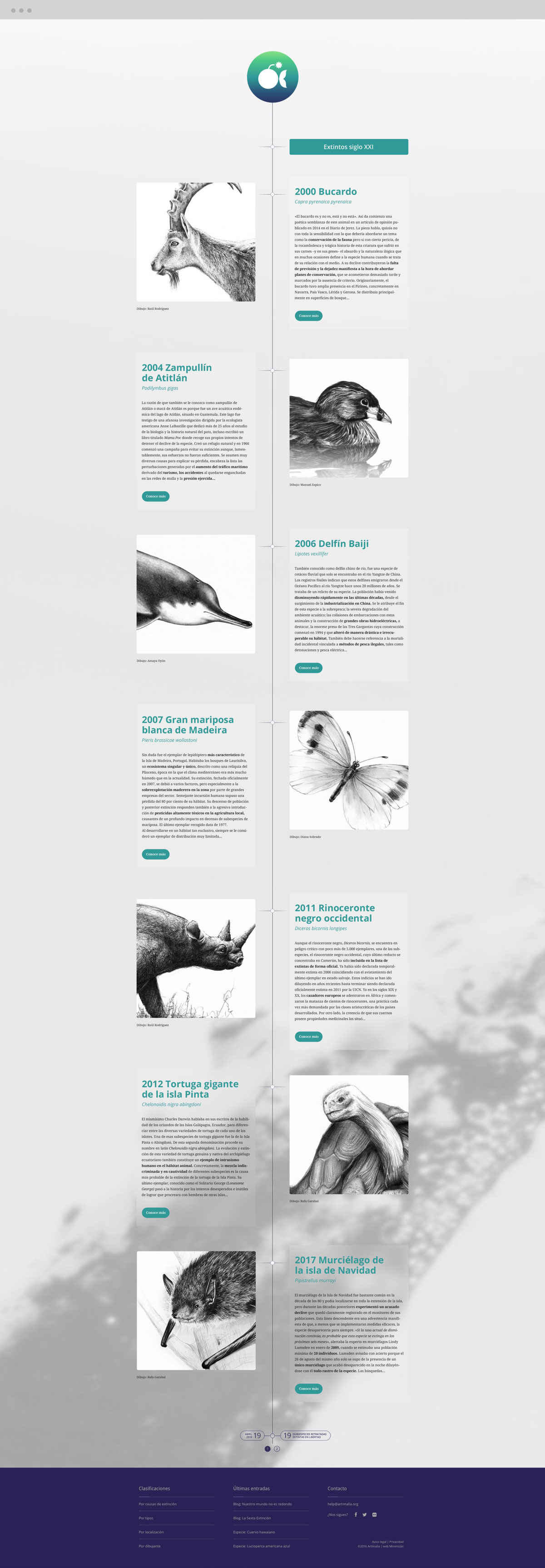 Pagina web para proyecto de sensibilizacion sobre fauna salvaje extinta diseño web de línea de tiempo para Artimalia
