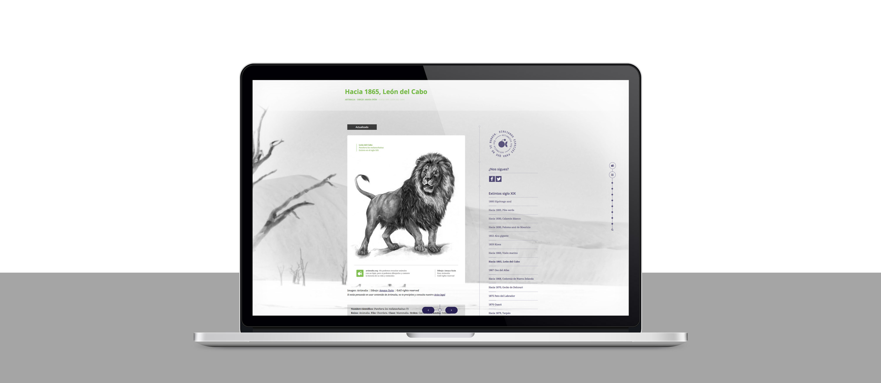 Pagina web para proyecto de sensibilizacion sobre fauna salvaje extinta presentación en laptop de diseño web para artimalia.org