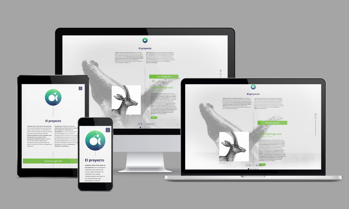 Pagina web para proyecto de sensibilizacion sobre fauna salvaje extinta presentación en diferentes dispositivos de diseño de layout para artimalia.org
