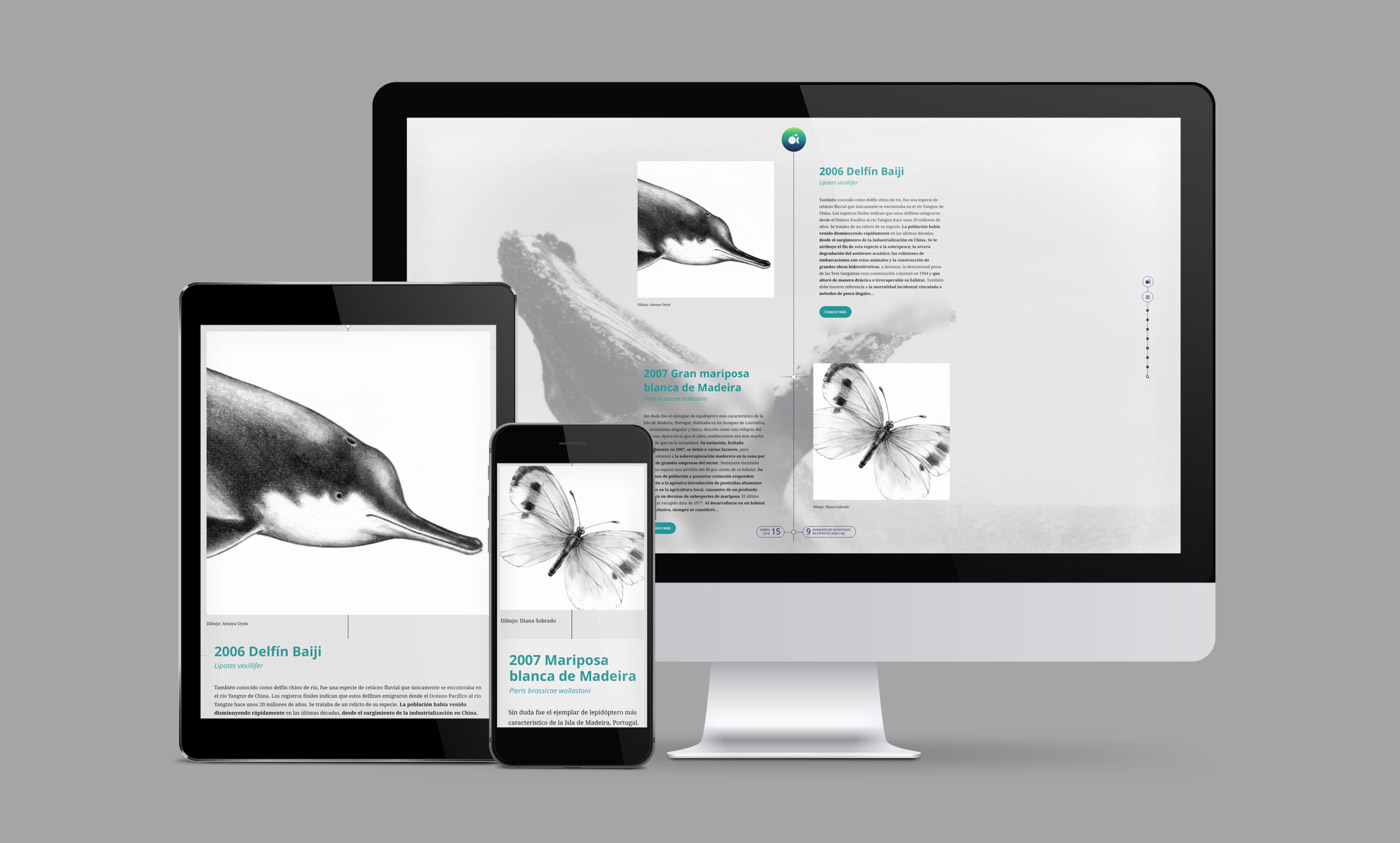 Pagina web para proyecto de sensibilizacion sobre fauna salvaje extinta presentación en diferentes dispositivos de diseño de layout para artimalia.org
