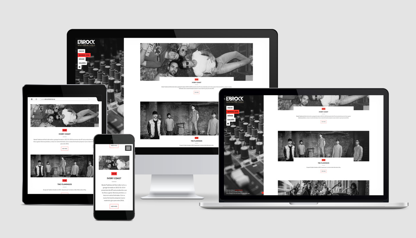 Pagina web informativa para evento de musica local diseño de página web para festival de música Ebrock sección Grupos vista en varios dispositivos