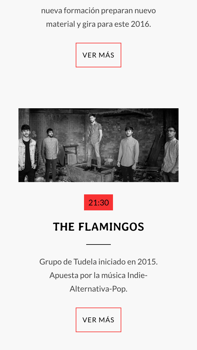 Pagina web informativa para evento de musica local diseño de pantalla móvil para grupo The Flamingos para Ebrock Festival