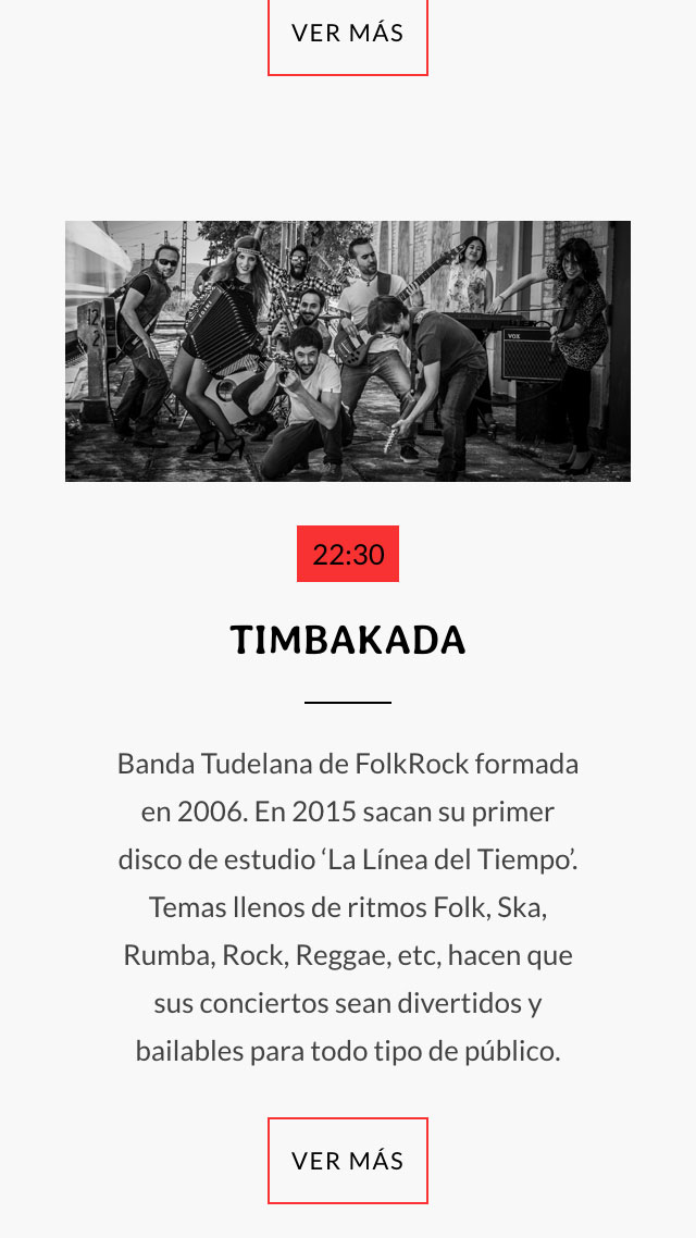 Pagina web informativa para evento de musica local diseño de pantalla móvil para Timbakada para Ebrock Festival