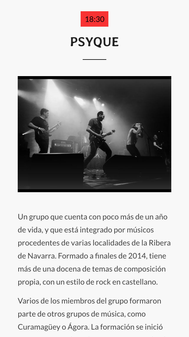 Pagina web informativa para evento de musica local diseño de pantalla móvil para grupo Psyque para Ebrock Festival