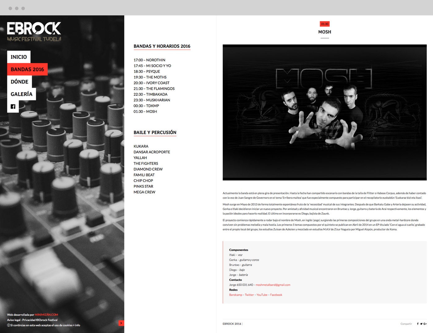 Pagina web informativa para evento de musica local diseño de pantalla web de escritorio para grupo Mosh para Ebrock Festival