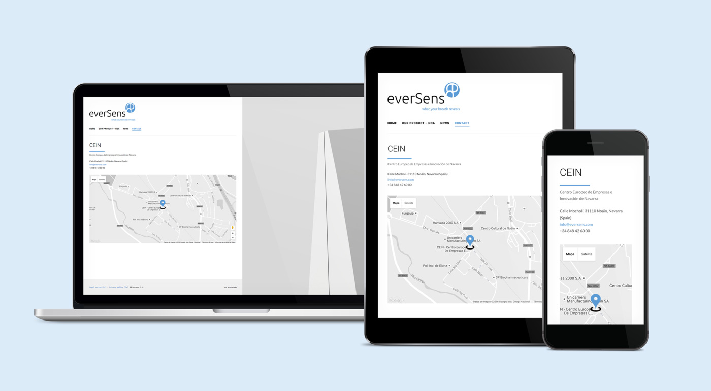 pagina_web_eversens_contacto_blue presentación de diseño de web de producto para Eversens en varios dispositivos sección contacto