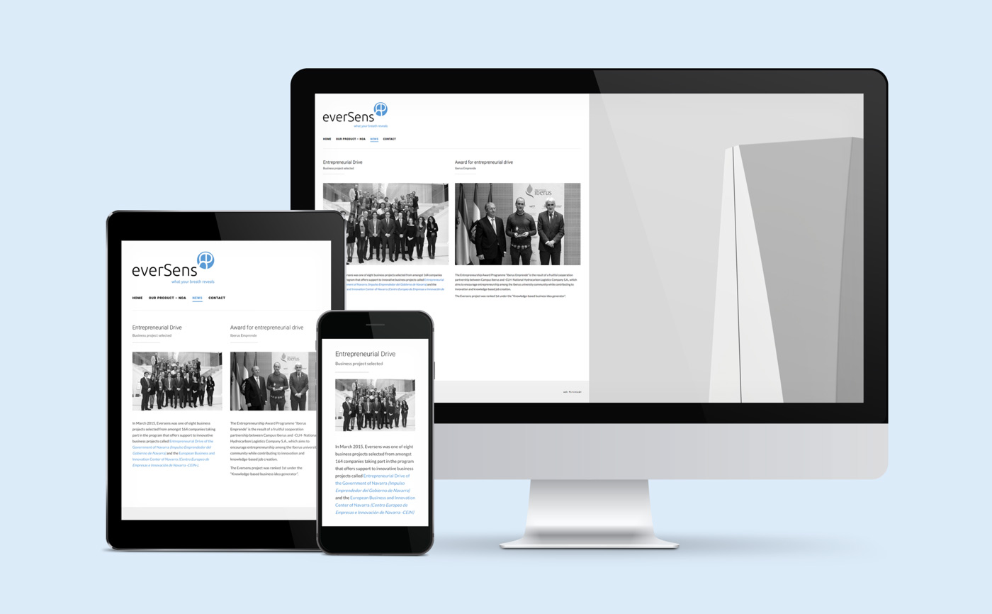 pagina_web_eversens_noticias_blue presentación de diseño de web de producto para Eversens en varios dispositivos sección noticias