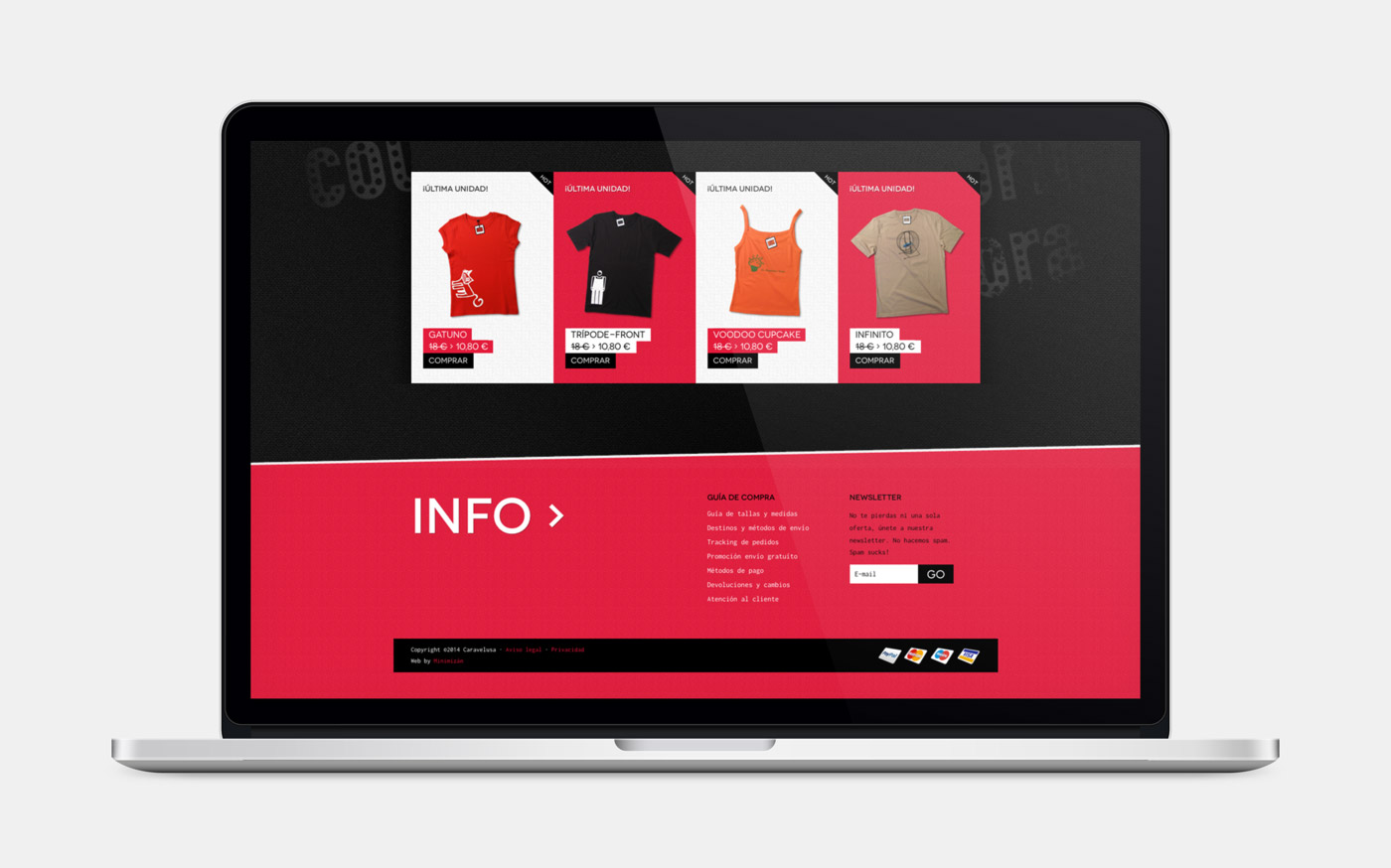 Tienda online para marca de camisetas serigrafiadas en edicion limitada diseño de página web sección footer para Caravelusa