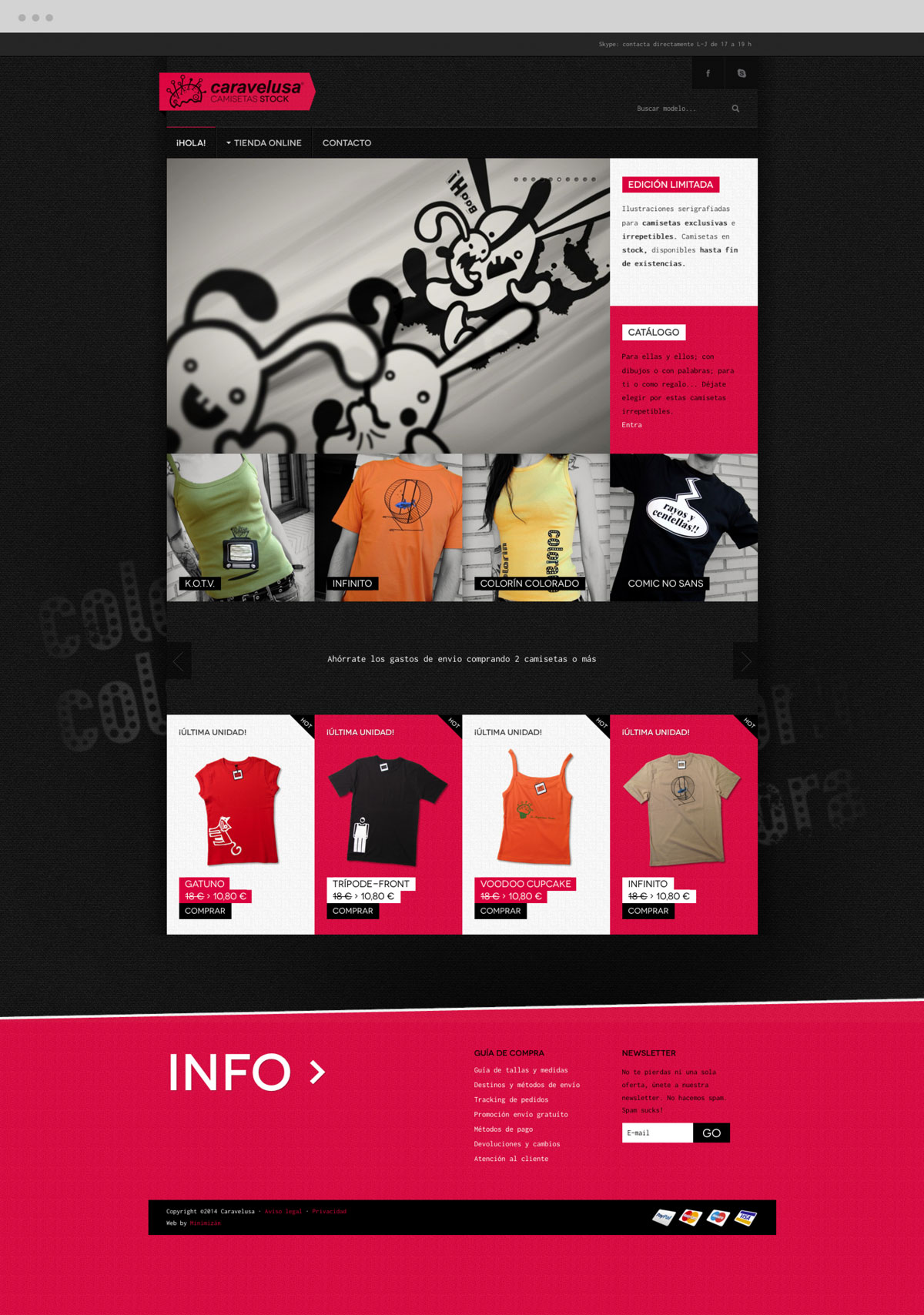 Tienda online para marca de camisetas serigrafiadas en edicion limitada diseño página web sección Home para Caravelusa