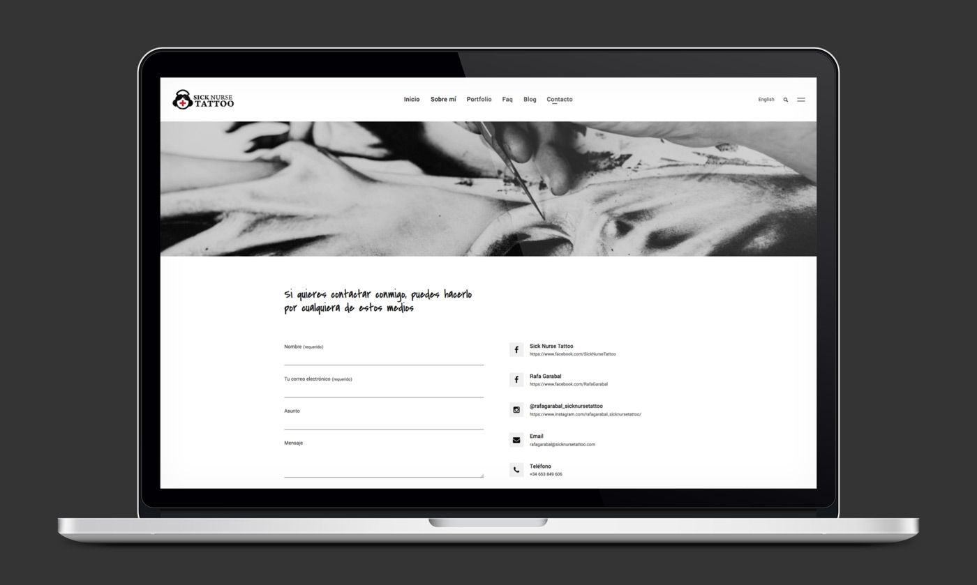 Diseño y programacion de pagina web para estudio profesional de tatuajes Presentación en laptip de contacto de la web de Sick Nurse Tattoo