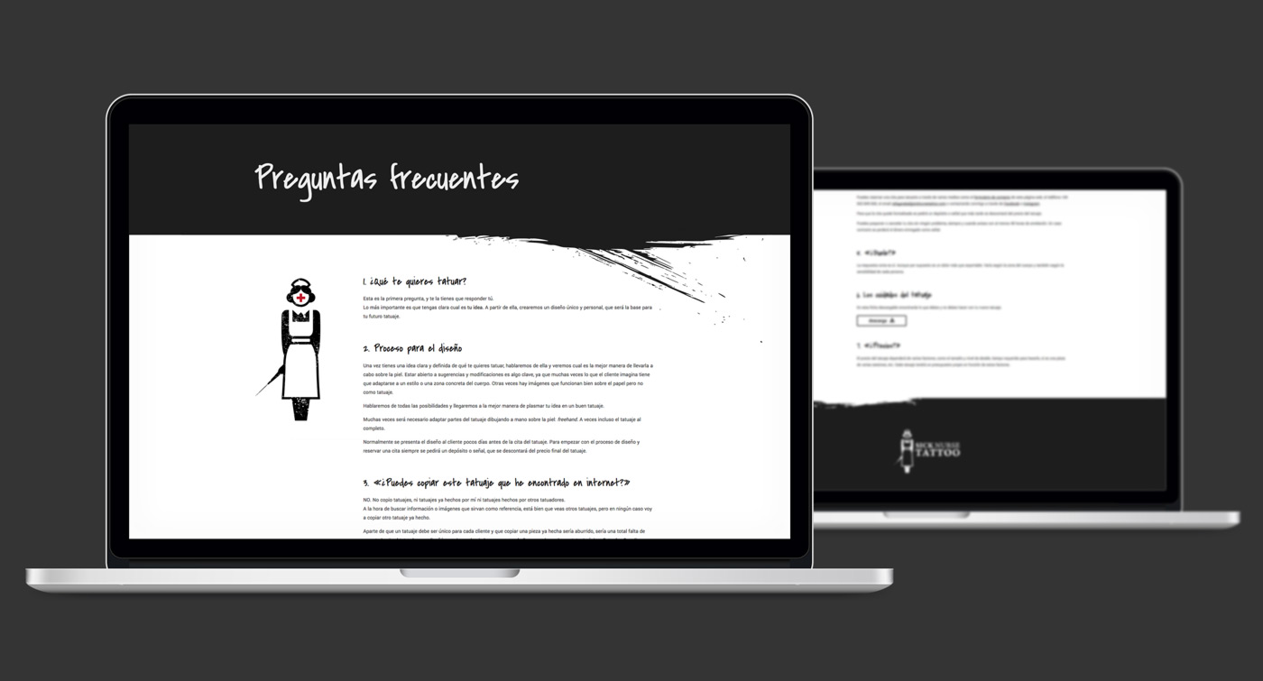 Diseño y programacion de pagina web para estudio profesional de tatuajes presentación de sección FAQs de Sick Nurse Tattoo