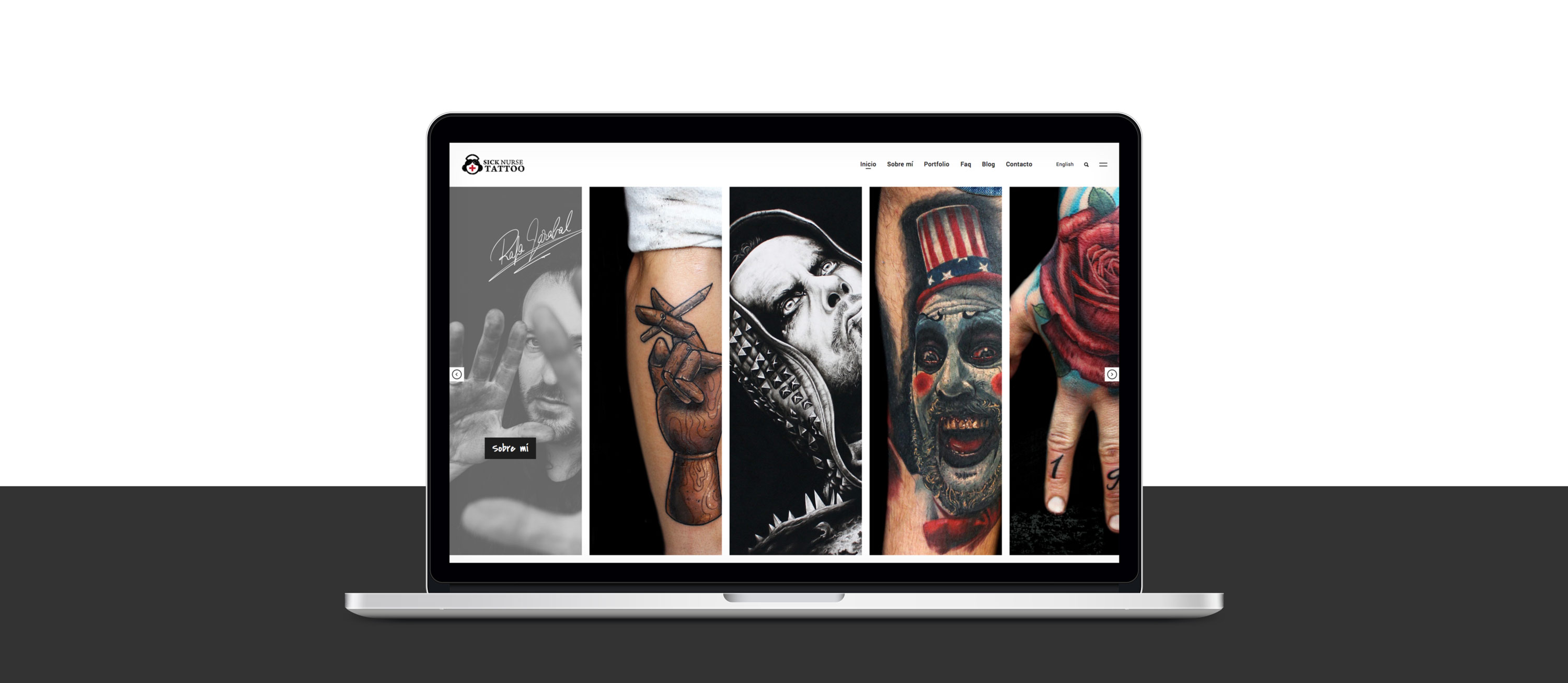 Diseño y programacion de pagina web para estudio profesional de tatuajes presentación laptop diseño sicknursetattoo.com