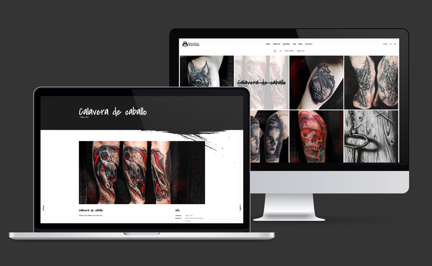 Diseño y programacion de pagina web para estudio profesional de tatuajes presentación en dispositivos de diseño web de Sick Nurse Tattoo