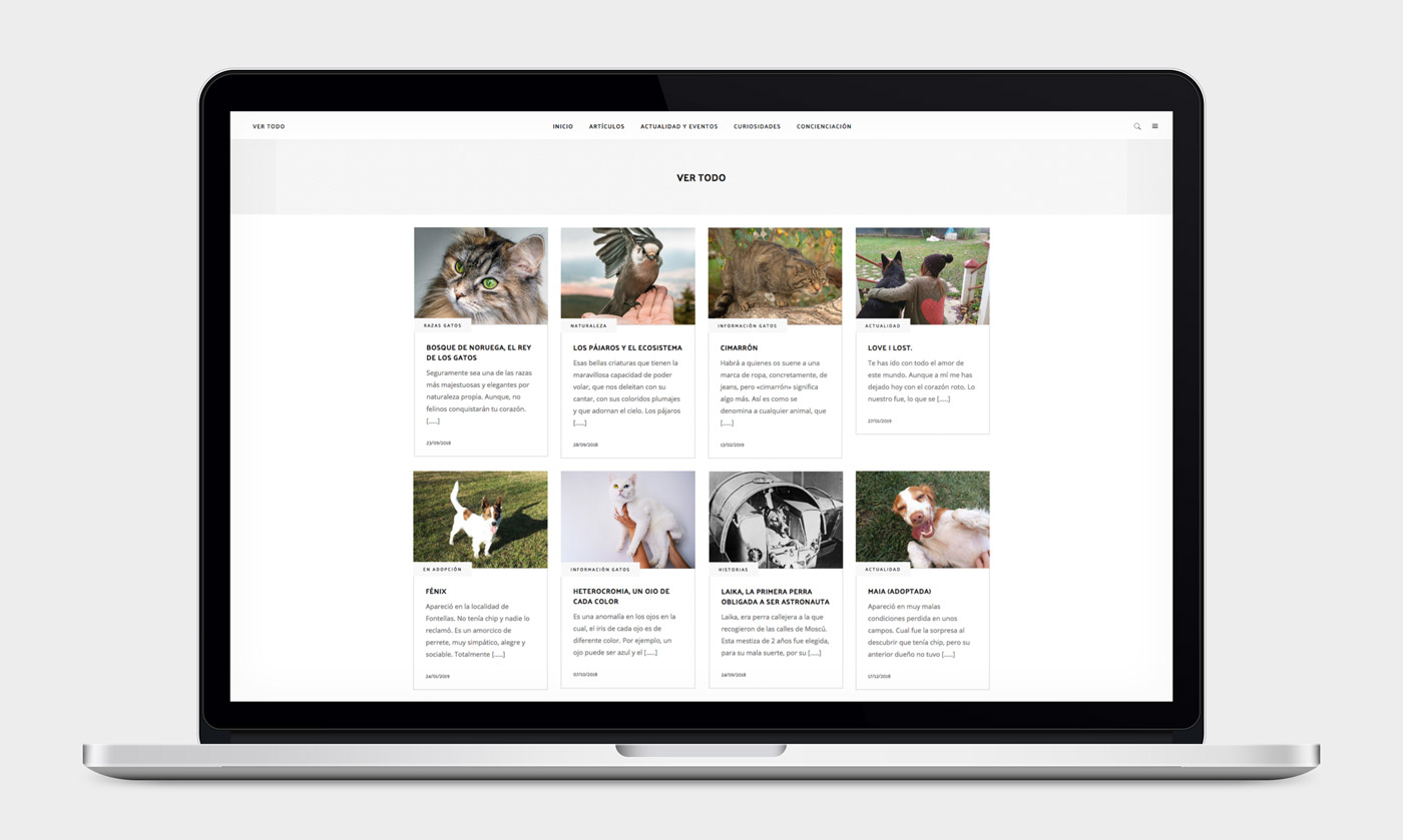 pagina_web_radagast_articulos_gral presentación de diseño de magazine electrónico dedicado a los animales y la naturaleza presentado en un portátil sección categorías