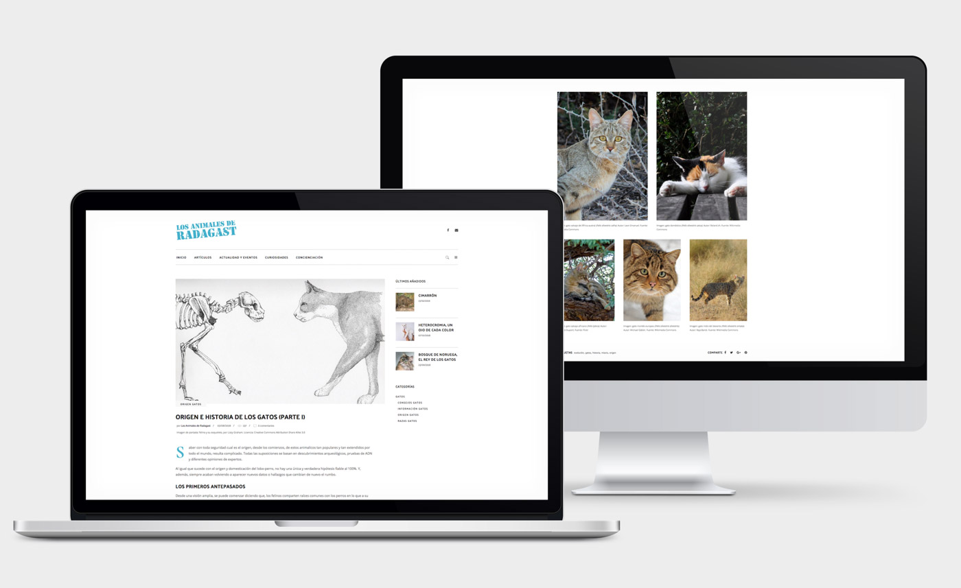 pagina_web_radagast_gatos presentación de diseño de magazine electrónico dedicado a los animales y la naturaleza presentado en un portátil y en un desktop