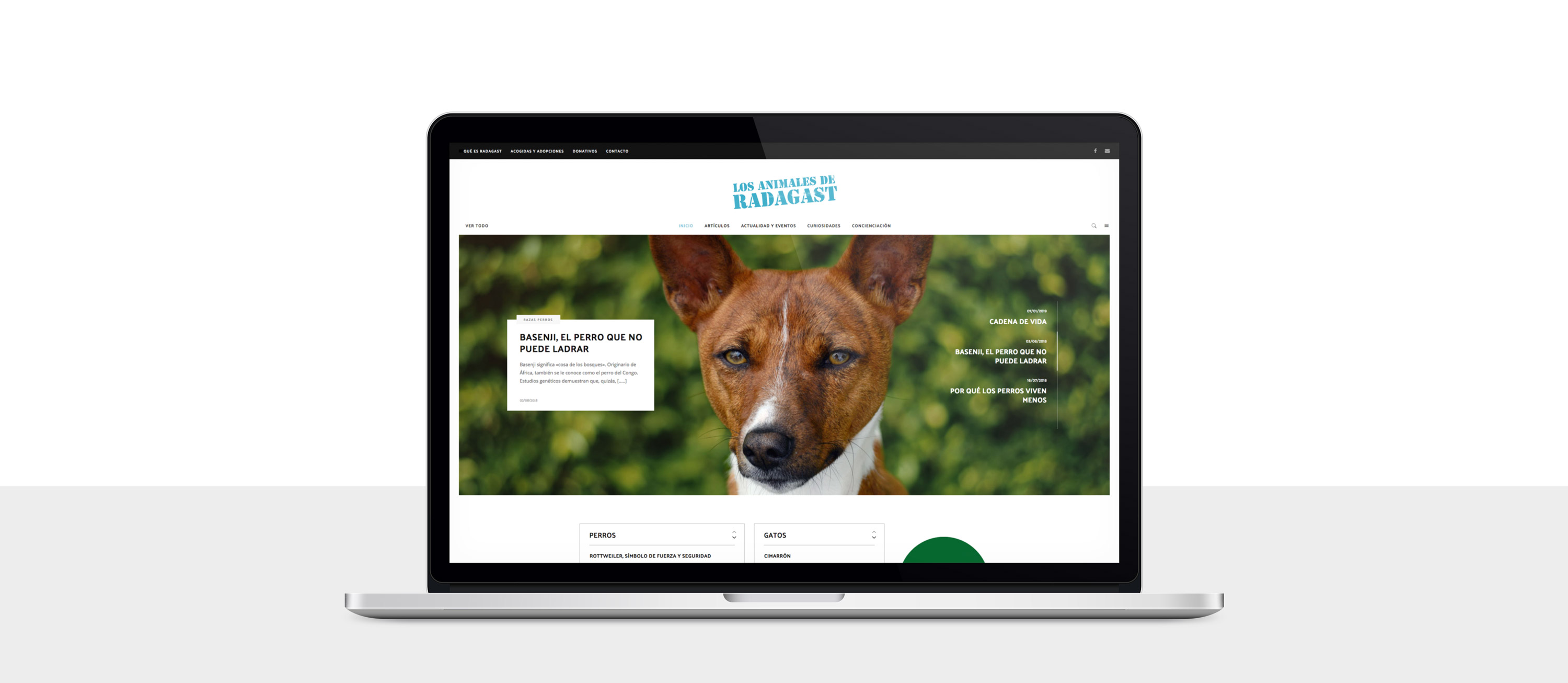 pagina_web_radagast_portada presentación de diseño de magazine electrónico dedicado a los animales y la naturaleza presentado en un portátil