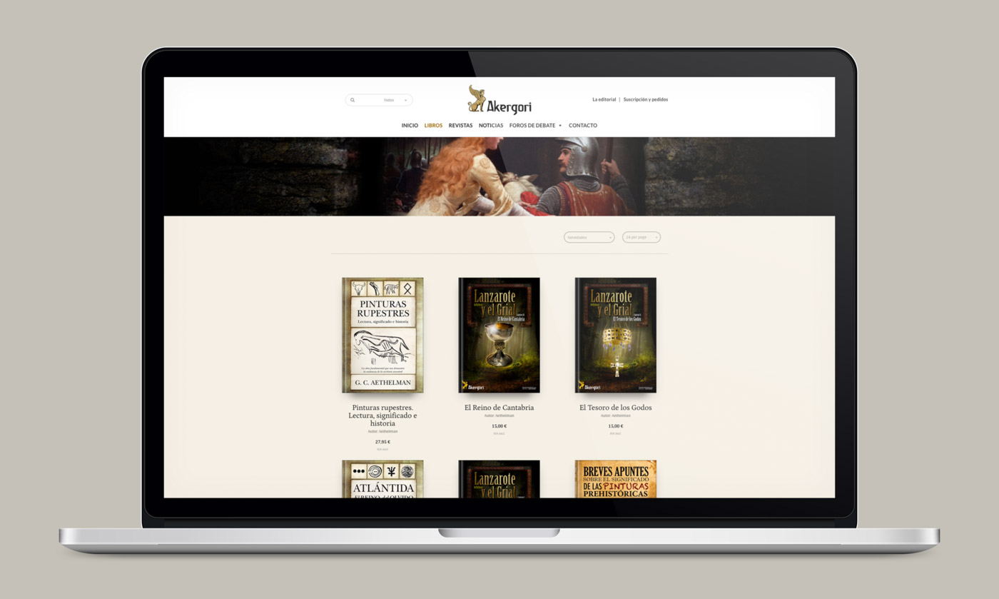 rediseno_pagina_web_editorial_akergori_libros muestra la tienda online en laptop de Editorial Akergori de Germán Cabello Catena