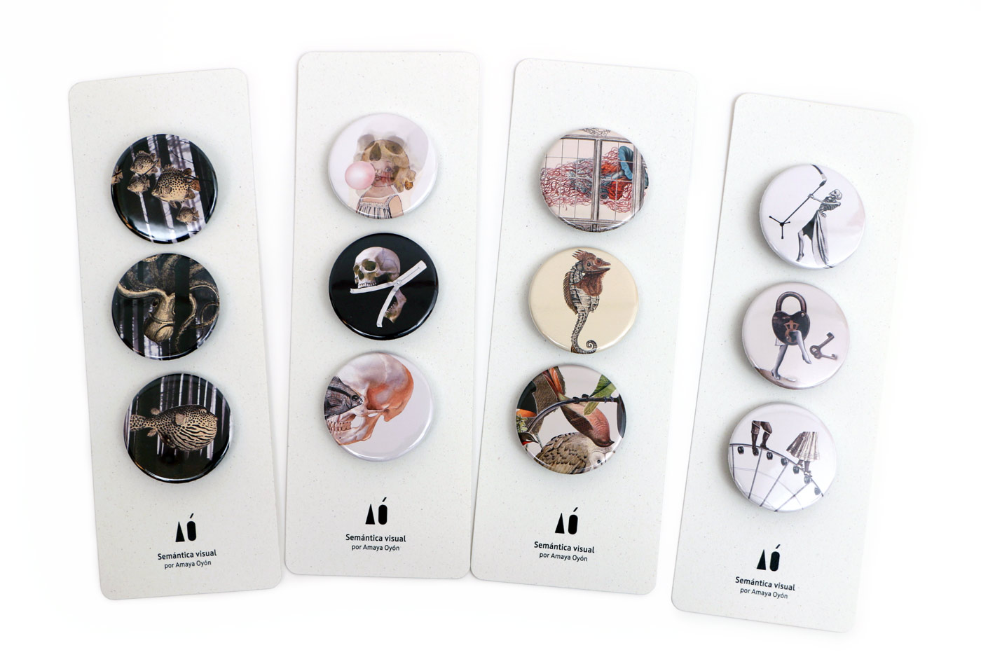 Laminas y packs trichapicos de la coleccion Semantica visual colección de chapas de collages de Amaya Oyón